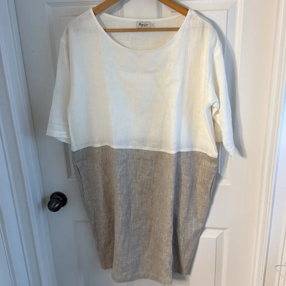 MAGIC LINEN Adria Color-Block White and Gray/Tan Linen Dress size medium - Picture 2 of 4